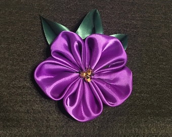 African Violet Corsage/Brooch In Satin Ribbon