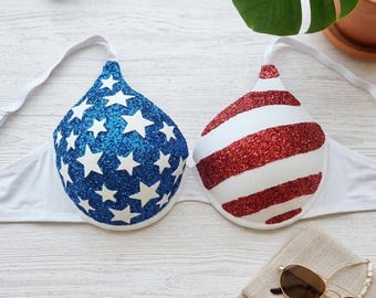 FIFA World Cup 2026 Glitter Bra • American Flag Bra - Patriotic Top • American Flag Sequin Bralette for Soccer Match, Festival & Rave