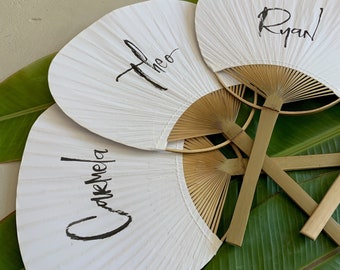 Paper Hand Fan Place Cards, Desert Wedding, Tropical, Beach Wedding Reception, Calligraphy Place Cards, Graduation Party Favors