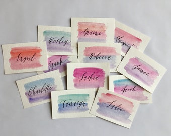 Modern calligraphy watercolor paper place cards | handwritten wedding or event seating, table number | holiday table place card