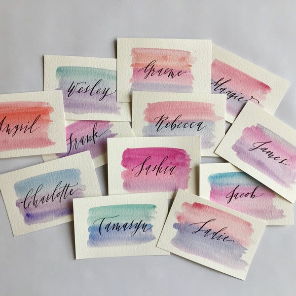 Modern calligraphy watercolor paper place cards | handwritten wedding or event seating, table number | holiday table place card