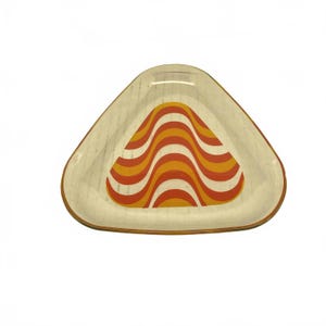 May include: A triangular decorative tray with a retro design. The tray features a cream-colored base with a wavy pattern in shades of orange and yellow. The edges are outlined in a brown color.