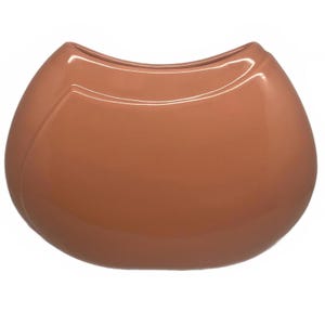 May include: A peach-colored, oval-shaped vase with a curved top. The vase has a glossy finish and a smooth surface. The design includes subtle, curved lines that add visual interest. This decorative vase is suitable for home decor.