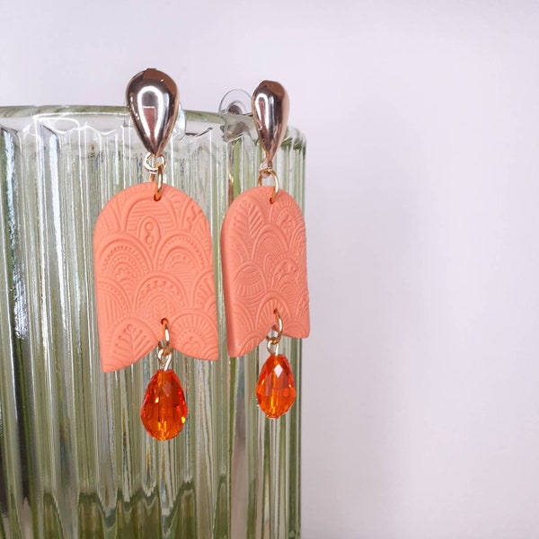 Long tulip polymer clay dangle earrings, textured chandellier arch earrings with glass crystal teardrop, orange earring