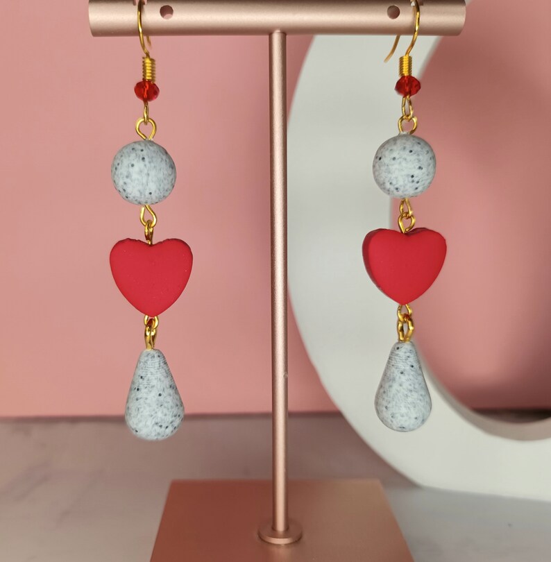 Valentine's Day Dangle Earrings, Long Heart Bead Earring, Red Heart