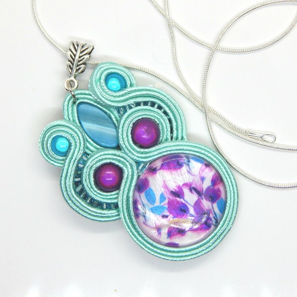 Pendentif floral bleu violet, collier en nacre, collier en argent sterling, collier violet et bleu, pendentif collier Big Soutache