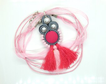 Pink Button Necklace,  soutache necklace pendant, whimsical boho necklace