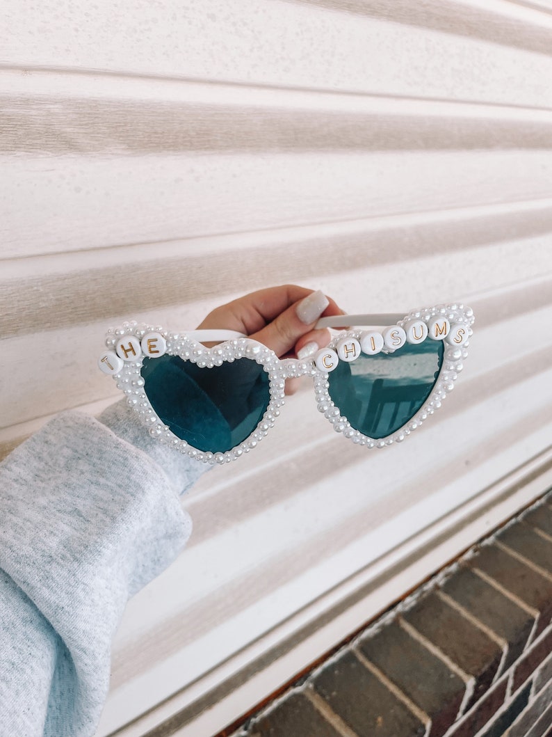 Custom Bride Wedding Pearl Heart Shaped Sunglasses, Embellished with Pearls, As Seen on TikTok, Bachelorette Gift for Bride image 3