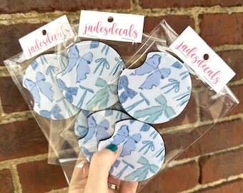 Preppy Coquette Blue Bow Car Coasters, Grandmillinial Car Coasters, Sweet 16 Gift, Car Gift, Birthday Gift for Women, Cup Holder Coasters