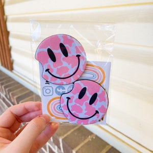 Pink Cow Print Smile Face Car Coasters, Lightning Bolt Eyes Car Coasters, Sweet 16 Gift, Car Gift, Birthday Gift for Women, Cup Holder