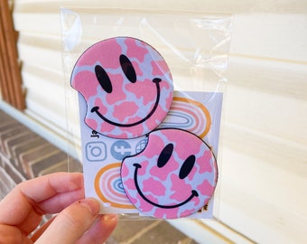 Pink Cow Print Smile Face Car Coasters, Lightning Bolt Eyes Car Coasters, Sweet 16 Gift, Car Gift, Birthday Gift for Women, Cup Holder