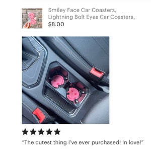 Pink Blue Smile Face Car Coasters, Lightning Bolt Eyes Car Coasters, Sweet 16 Gift, Car Gift, Birthday Gift for Women, Cup Holder Coasters image 2