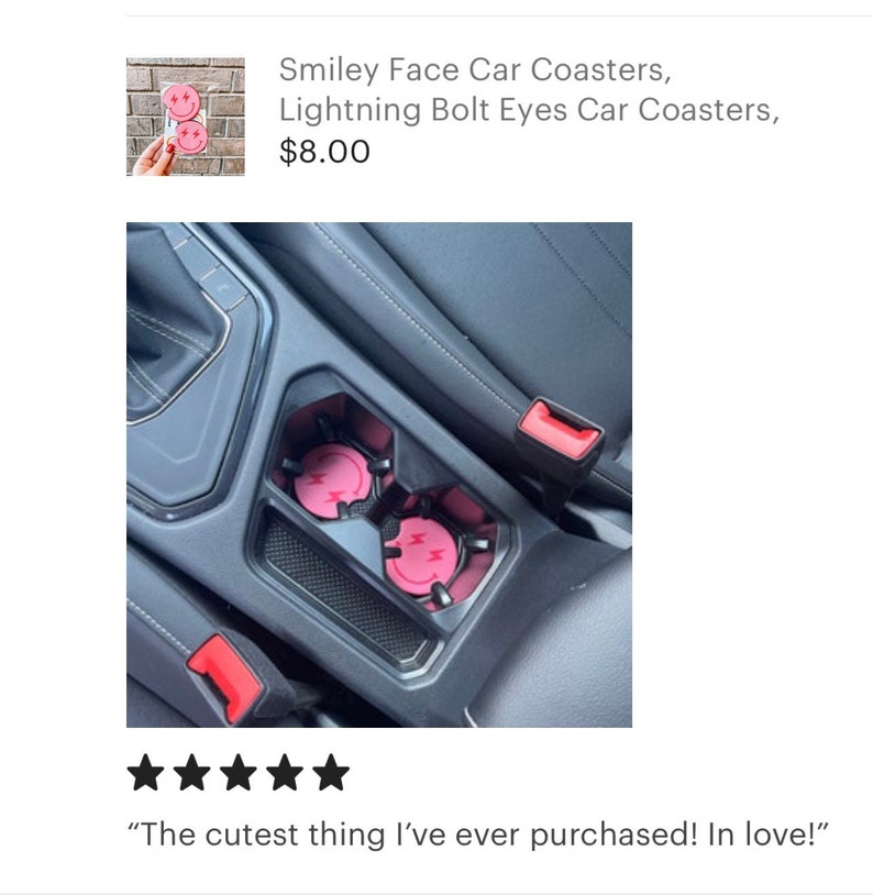 Pink Blue Smile Face Car Coasters, Lightning Bolt Eyes Car Coasters, Sweet 16 Gift, Car Gift, Birthday Gift for Women, Cup Holder Coasters image 2