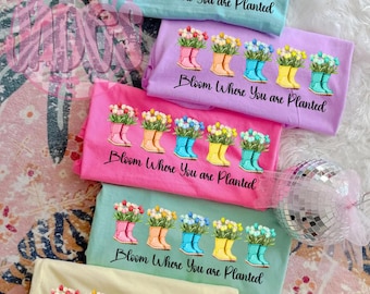 Florece donde estás plantado primavera Comfort Colors Camiseta, Gildan Crewneck, Ropa de primavera, Camiseta Gildan, Camiseta Spring Weather