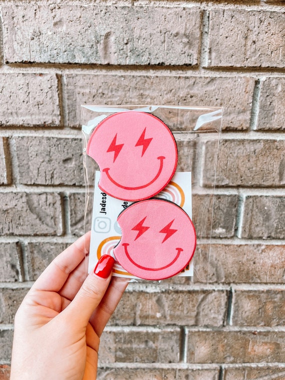 Pink Blue Smile Face Car Coasters Lightning Bolt Eyes Car Etsy 日本