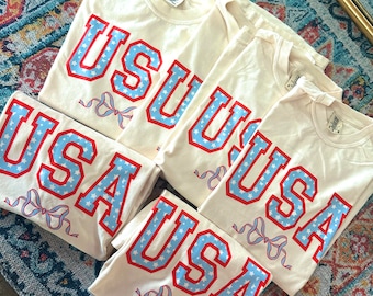 USA Coquette Comfort Colors T-shirt, 4th of July girly shirt, summer themed shirt, coquette bow themed America T-shirt, Sweatshirt, Gildan