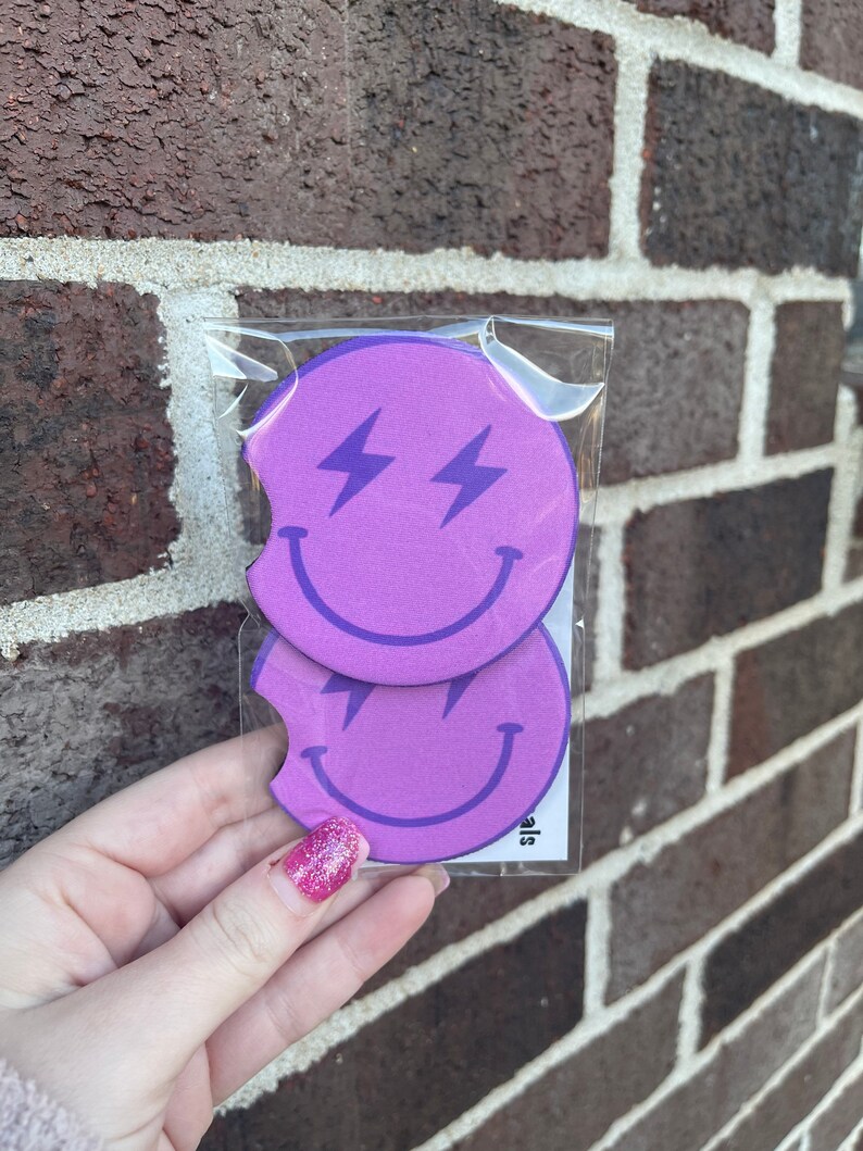 Pink Blue Smile Face Car Coasters, Lightning Bolt Eyes Car Coasters, Sweet 16 Gift, Car Gift, Birthday Gift for Women, Cup Holder Coasters image 7