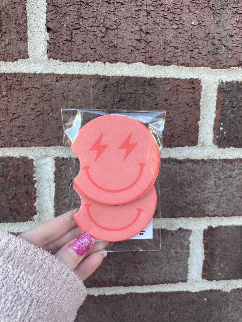 Pink Blue Smile Face Car Coasters, Lightning Bolt Eyes Car Coasters, Sweet 16 Gift, Car Gift, Birthday Gift for Women, Cup Holder Coasters image 6