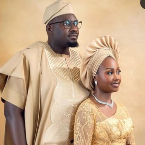 Handmade White & Gold Aso Oke Wedding Outfit: Traditional Nigerian Attire