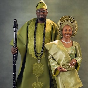 Handmade Aso Oke Wedding Outfit: White & Gold Nigerian Attire