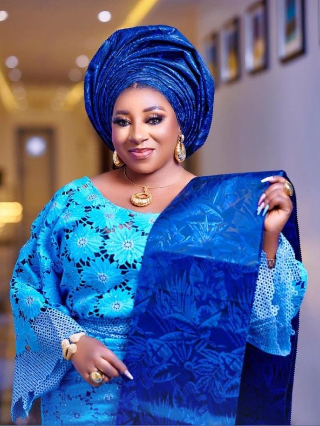 Gorgeous Royal Blue Lace Iro Wrapper Ati Buba Top With Ipele Shoulder ...