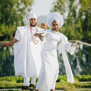 Handmade White & Gold Aso Oke Wedding Outfits: Traditional Nigerian Matching Set