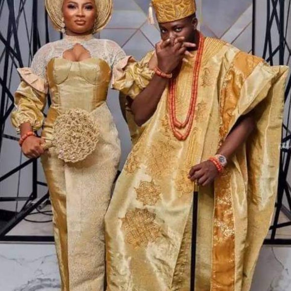 Hochzeit Outfits Traditionelle Aso Oke ofi Trägt Weiß und Gold Kleidung Kleidung für Frauen, Kleid African Nigerian Anzüge Bräutigam