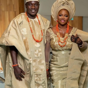 Matching Aso Oke Wedding Outfits: Traditional Nigerian Bride & Groom Attire