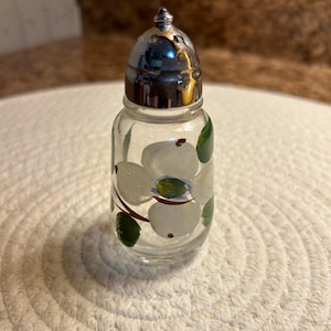 May include: A clear glass salt shaker with a silver top. The shaker is decorated with hand-painted white flowers and green leaves.