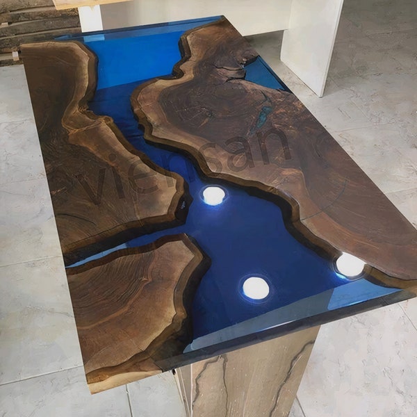 Transparent blue, epoxy table, decor, river dining table, office desk, live edge table, walnut wood, river table, epoxidharz tisch