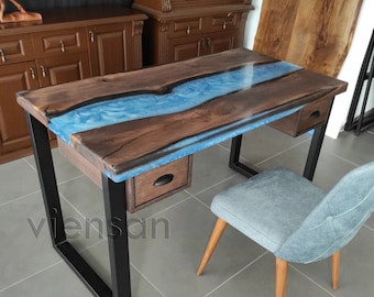Mesa Live Edge Walnut com Rio de Epóxi Azul e Armazenamento