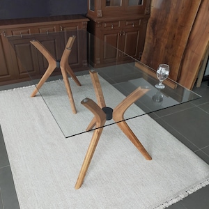 Viensan spindelben i bokträ, massivt träfäste för rektangulärt eller ovalt glasbord, modern matpiedestal