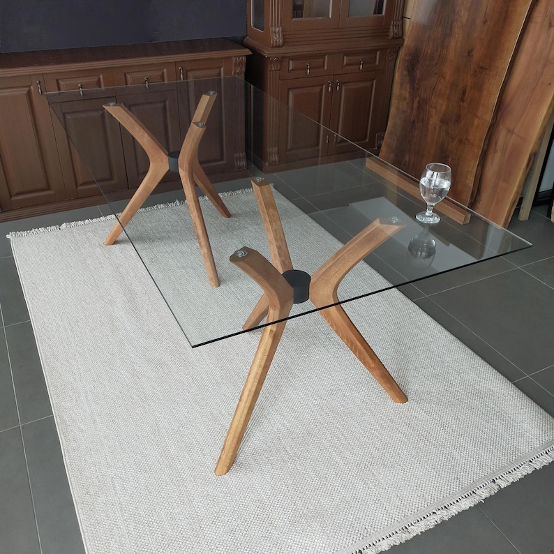 Viensan spindelben i bokträ, massivt träfäste för rektangulärt eller ovalt glasbord, modern matpiedestal 6-Legged Table Base