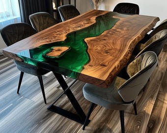 Handmade Live Edge Walnut Epoxy River Table: Modern Kitchen Office