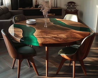 May include: A round wooden dining table with a green epoxy resin inlay. The table has a natural wood finish and is surrounded by four chairs with dark green upholstery.