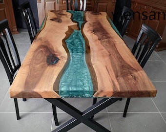 Handmade Epoxy Resin River Dining Table: Live Edge Walnut Wood