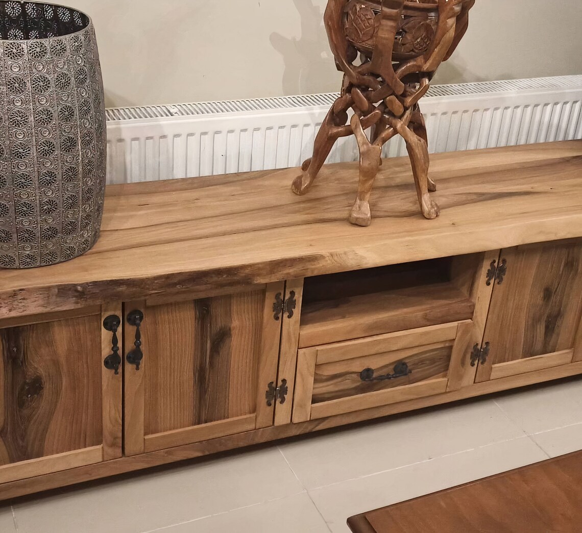 Walnut Wood Tv Unit, Decor, Live Edge Tv Stand, Wooden Tv Units, Rustic Farmhouse Style Etsy