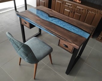 Live Edge Walnut Wood Desk with Blue Epoxy Resin & Storage