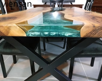 Handmade Live Edge Walnut Epoxy River Table: Modern Dining or Desk