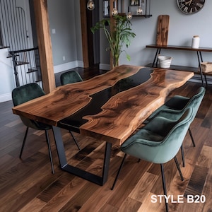 Handmade Walnut River Table: Live Edge Epoxy Resin Dining Table