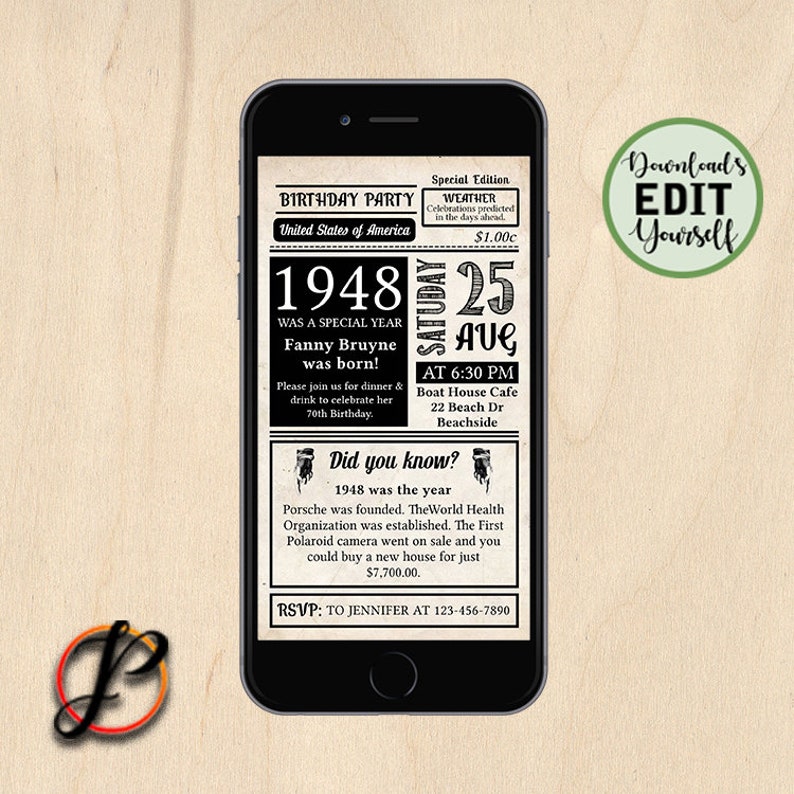 Vintage Newspaper Mobile Invitation Vintage Newspaper Invitation Adult Birthday Adult Party Adult Invitation Any Age Birthday Invite