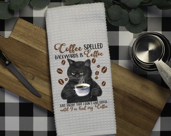 Coffee spelled backwards/ waffle weave/ microfiber towel/cat/funny coffee towels/coffee/kitchen décor/hand towels