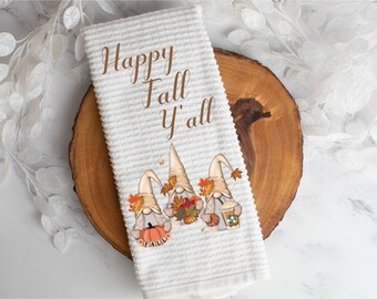 Happy Fall Y'all waffle weave microfiber towel, gnomes, fall, hand towels, kitchen décor, cute towels