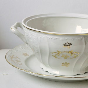 Vintage porcelain platter, Bernadotte porcelain, white porcelain with gold, Round serving platter, soup tureen, made in Czechoslovakia