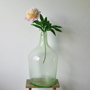 Antique Demijohn, old heavy demijohn, hand blown glass bottle, light green bottle, clear flower vase, heavy damigiana