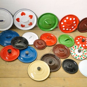 Vintage Enamel Lid, Cooking Pot Lid, Rustic Enamelware, Polka dots enamel, Farmhouse decor, Replacement lid, From Yugoslavia, Emo Gorica lid