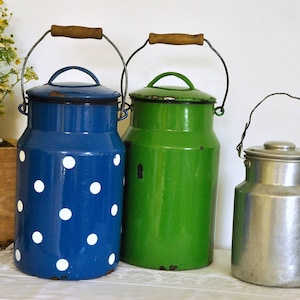Vintage Enamel Milk Can with Wooden Handle, blue with white dots can, green can, aluminim can, Enamelware,  Farmhouse decor, Emo Yugoslavia