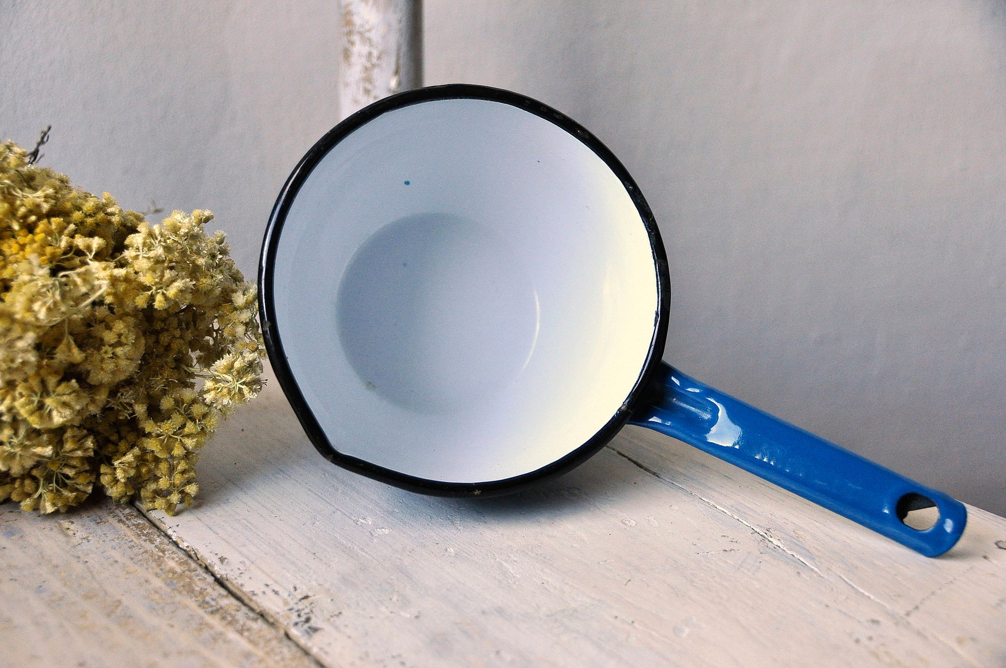 Vintage Enamel Pot Long Handle Pot Flower Pattern Pot Blue Etsy