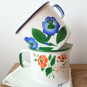 Vintage Enamel pot, Enamel pot jug, white blue enamel, Enamel cookware, Emo Celje,From Yugoslavia, Market enamel, orange green enamel