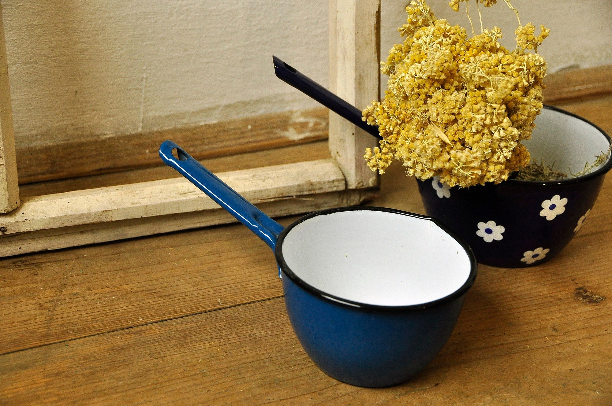 Vintage Enamel Pot Long Handle Pot Flower Pattern Pot Blue Etsy